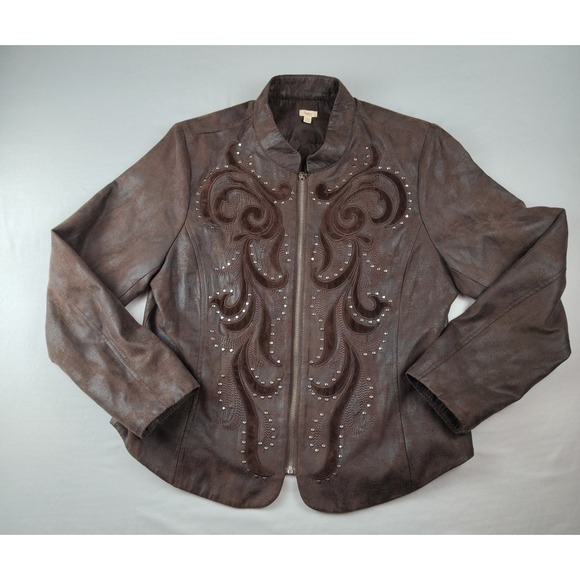 Reba Jackets & Blazers - Reba Women's Faux Vegan Leather Jacket Sz L Studded Brown Western Zipper